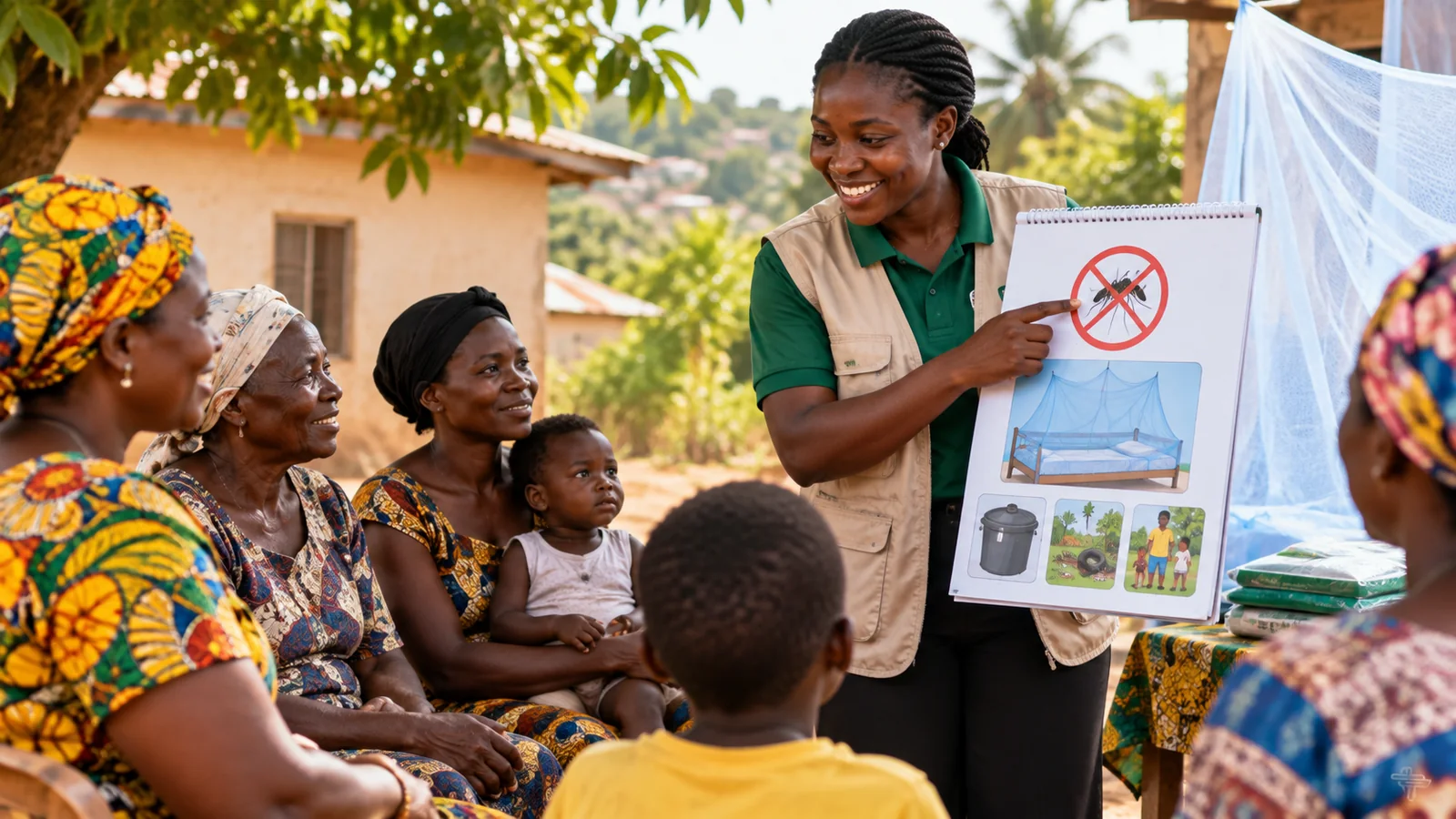 Community health educator discussing malaria prevention with families